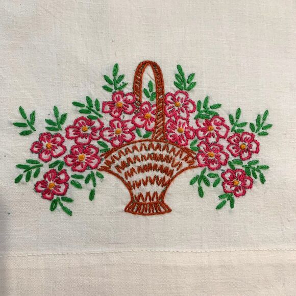 Embroidered Vintage Pillowcase Layering Shabby Decor Cottage Core Flower Basket - Picture 1 of 5